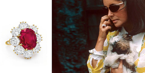 Elizabeth Taylor with her dog and ruby ring given to her by Richard Burton