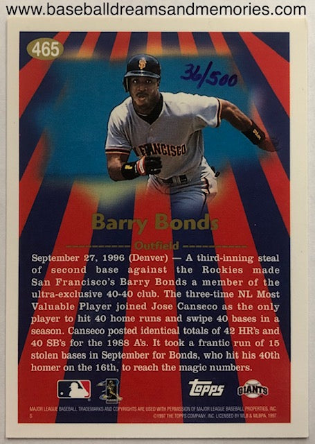 1997 Topps Barry Bonds '96 Season Highlights Autograph Card Serial Numbered  36/500