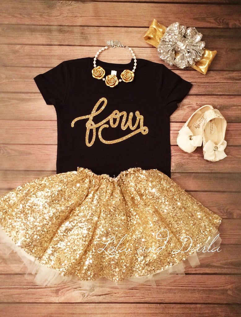 Number FOUR toddler birthday shirt with gold sparkle