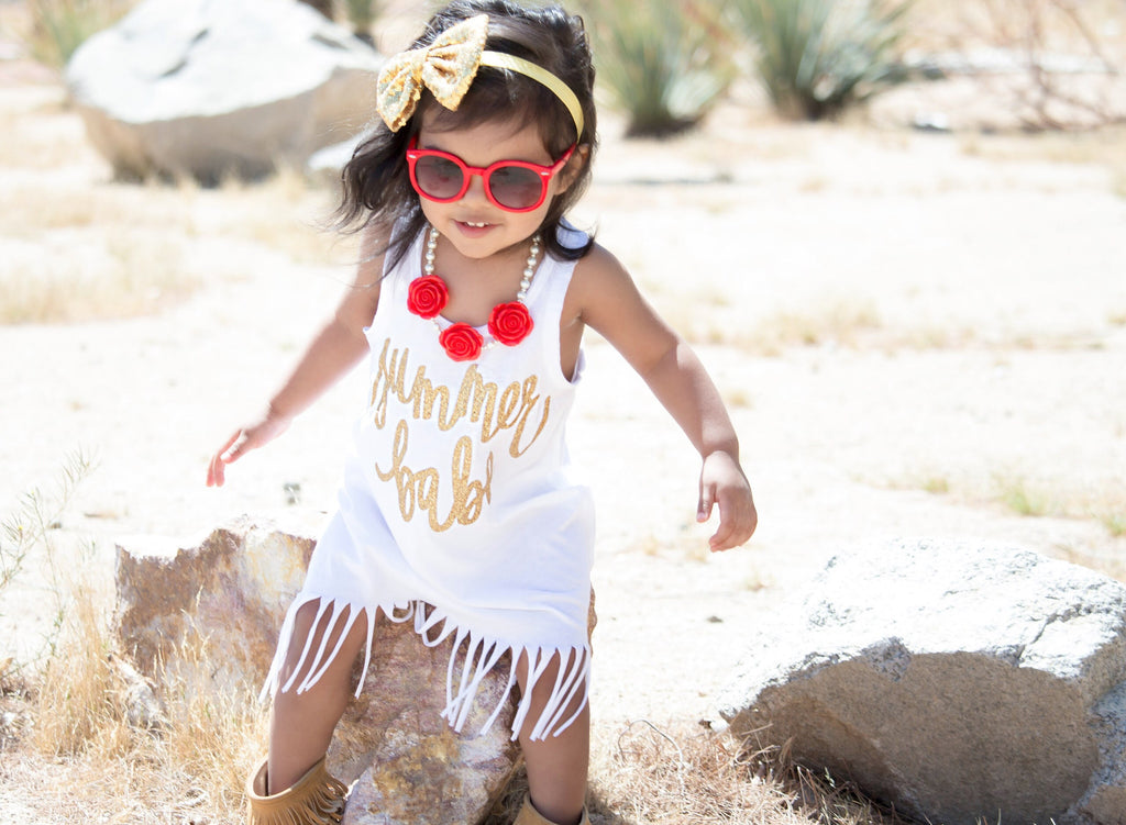 A Summer Babe White and Gold Toddler Fringe Dress