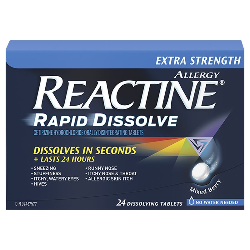 Reactine Extra Strength Allergy Relief Rapid Dissolve Mixed Berry Flavour 24 Tablets Simpsons Pharmacy