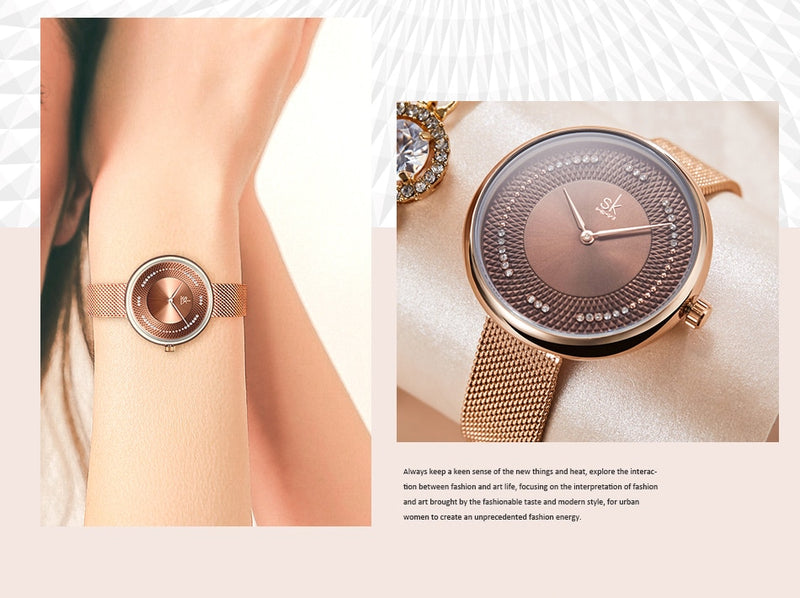 Relógio Feminino Criativo Shengke, Aço Inoxidável, Quartzo Luxo e Estilo