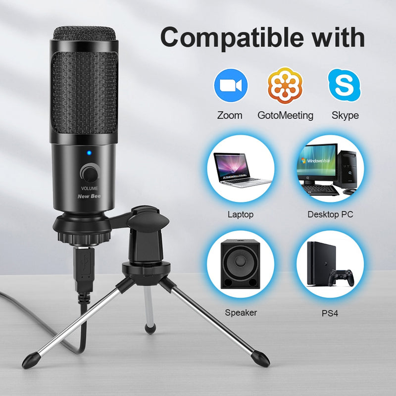 Microfone Condensador New Bee USB, Gravação Podcasts,  Vídeos, Skype
