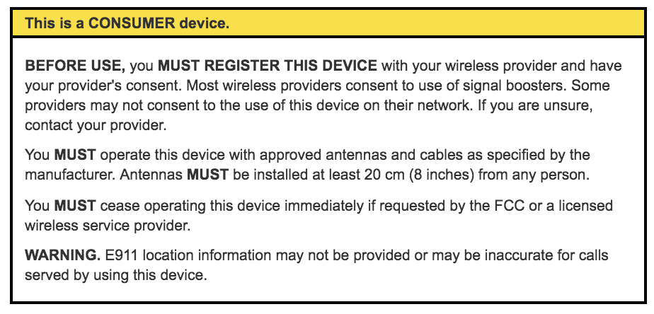 FCC consumer signal booster label