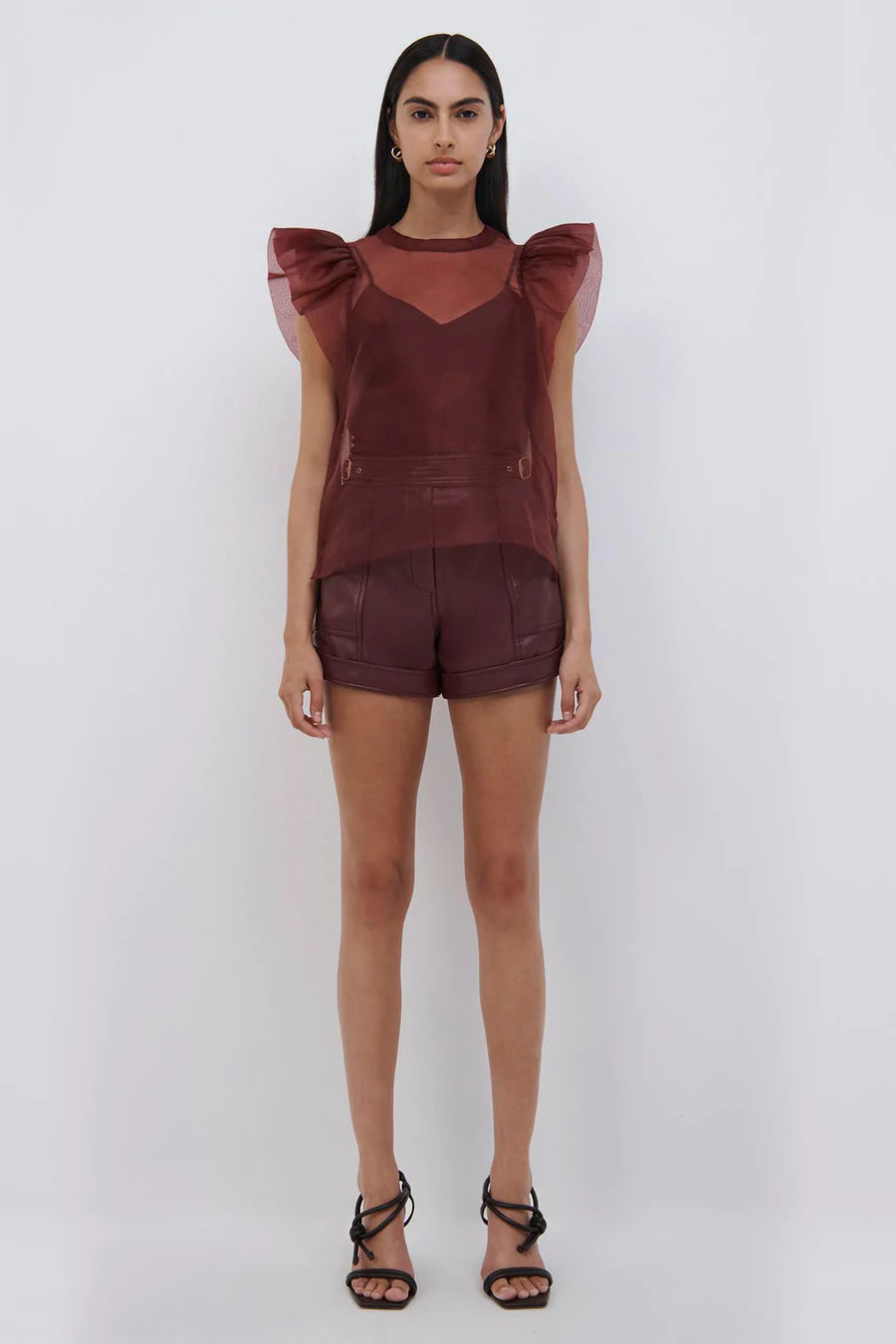 CORINA ORGANZA RUFFLE SLEEVE CREWNECK TOP