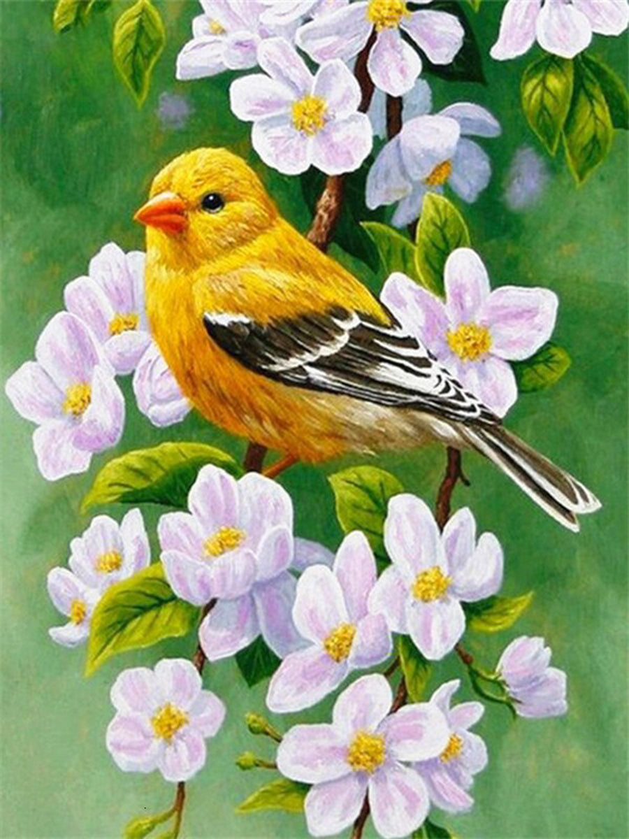 Diamond painting vogel geel op bloemen