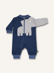 Elephant Romper in Dark Blue. Features and elephant on the front and a large zipper 