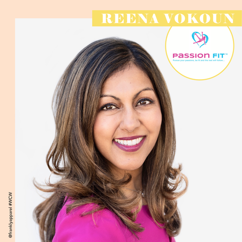 Headshot of Reena Vokoun in a pink blouse, with her name and the Passion Fit logo overlaid.
