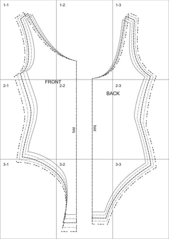 black and white technical line drawing of bodysuit pattern
