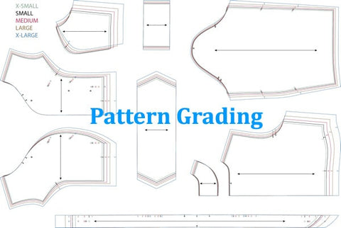 technical line drawings of pattern with words "pattern grading" overlaid