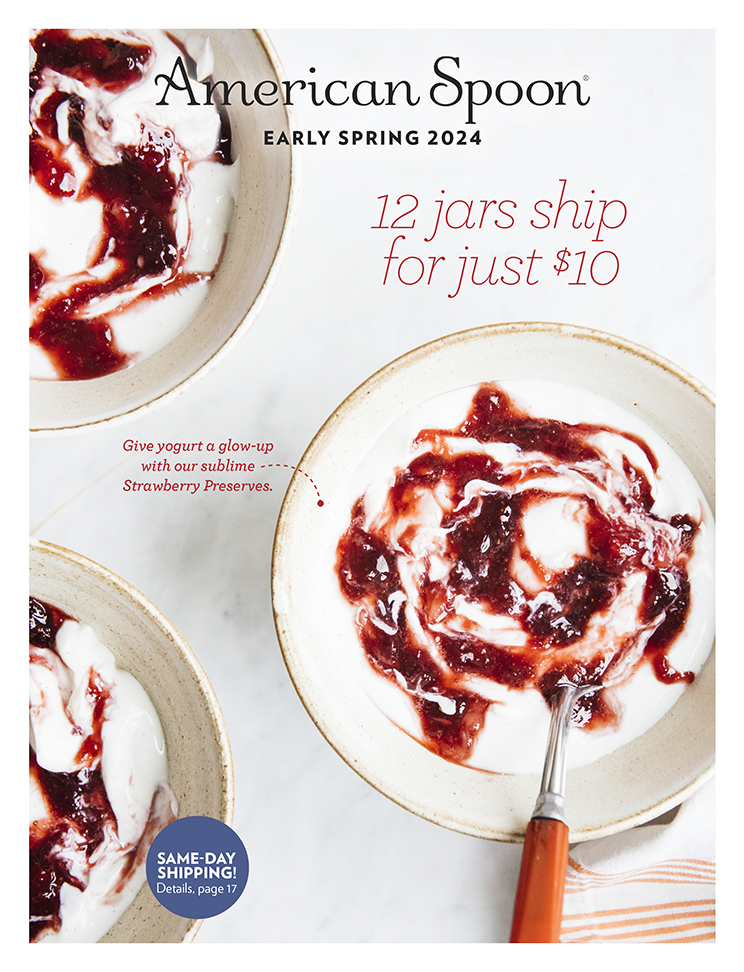 early spring 2024 catalog cover featuring bowls of yogurt and strawberry jam on a white background