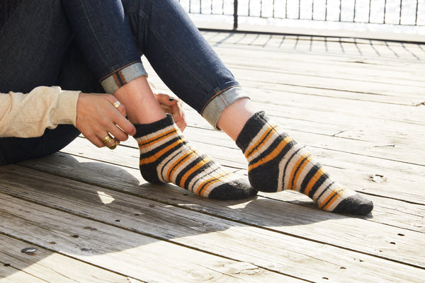 lisa b. wool cashmere striped rib shortie socks with Melissa Easton Jewelry gold rings