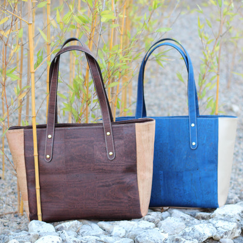 Cork handbags in natural brown or blue cork 