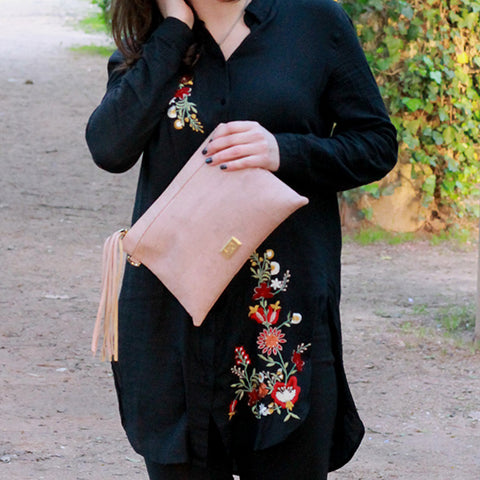 model with cork handbag, purse, clutch vegan fashion 