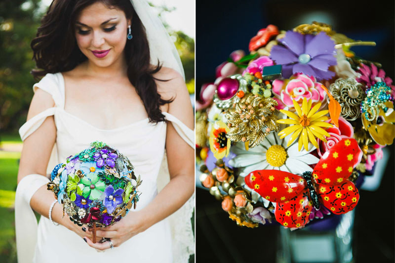 Purple Green Flowers & Multi Color Brooch Bouquet