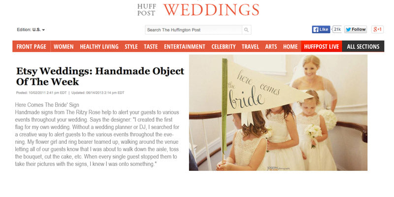 Huffington Post chose a few items from Etsy to feature and one was The Ritzy Rose's here comes the bride flag
