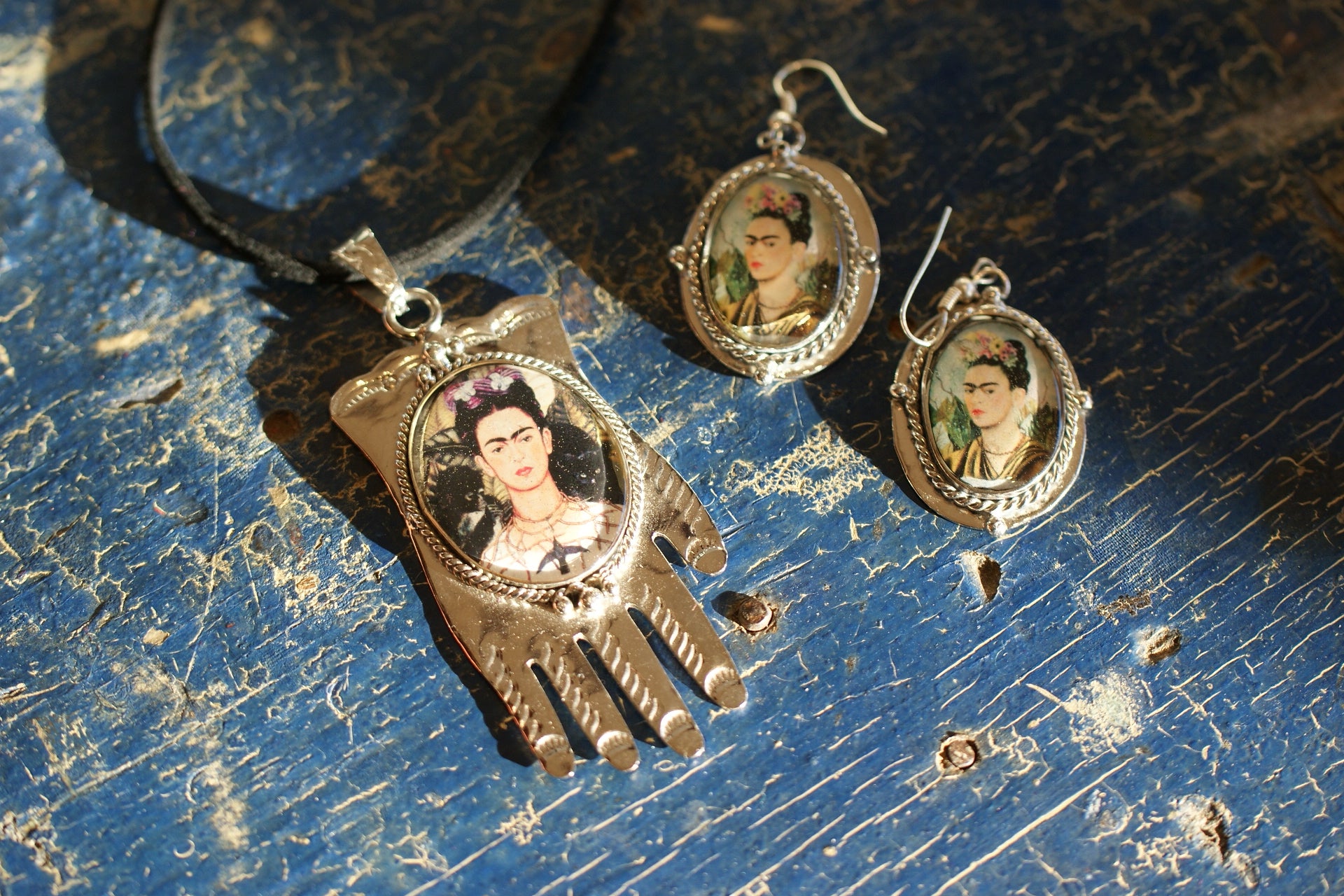 Nickel Silver Frida Kahlo Necklace & Earrings, Zinnia Folk Arts