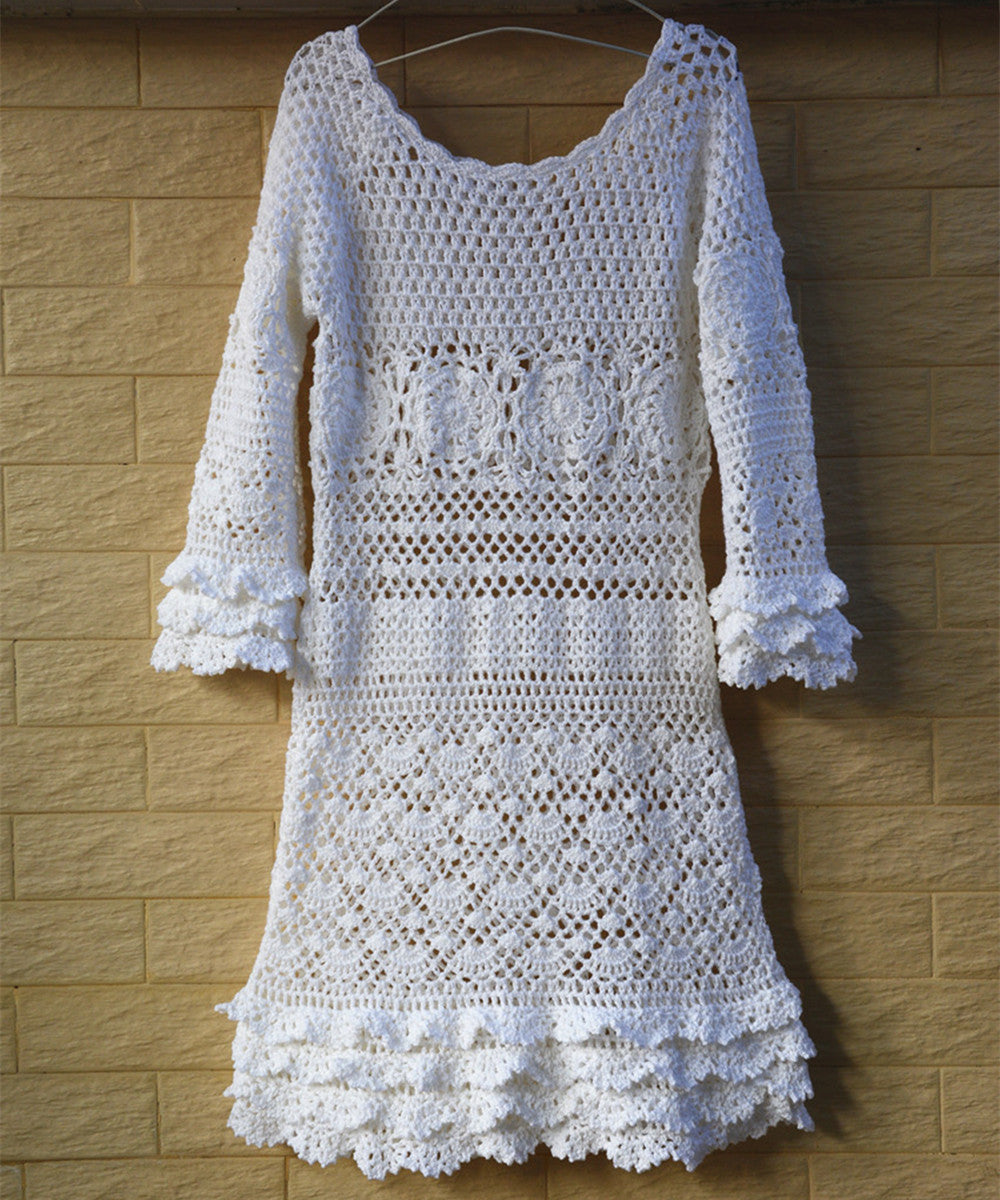 white long sleeve crochet dress
