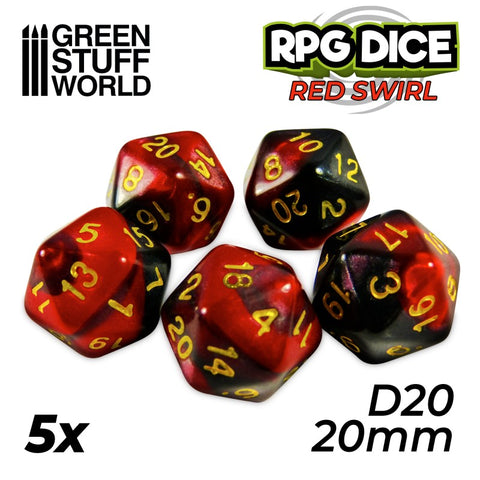 Image of GREEN STUFF WORLD 5x D20 20mm Dice - Red Swirl