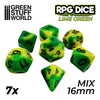 GREEN STUFF WORLD 7x Mix 16mm Dice - Lime Swirl