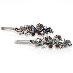 Vintage Silver Grips with Colored Stone Butterfly Design - Pair