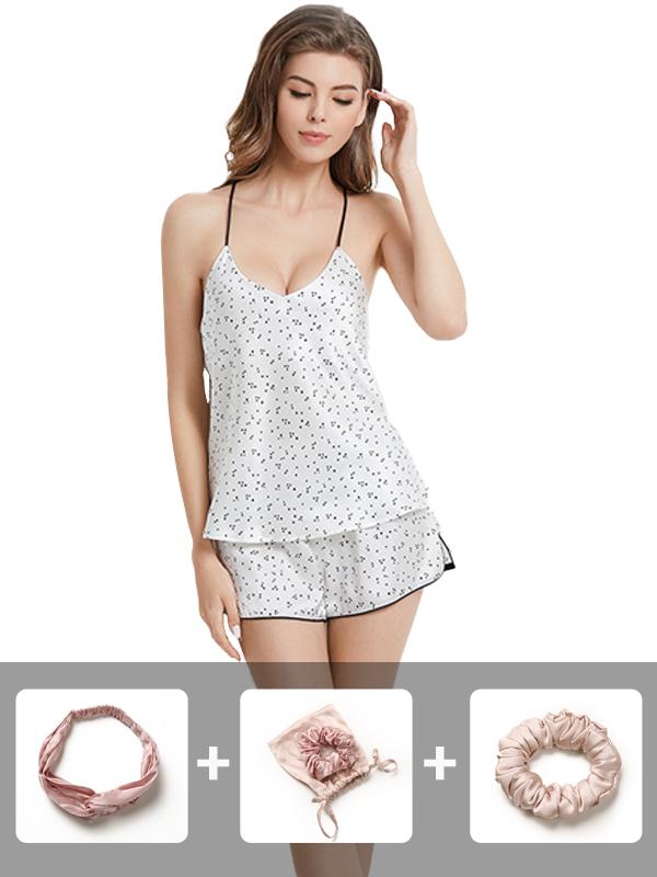 Ladies' v neck lace Short Silk Camisole Set