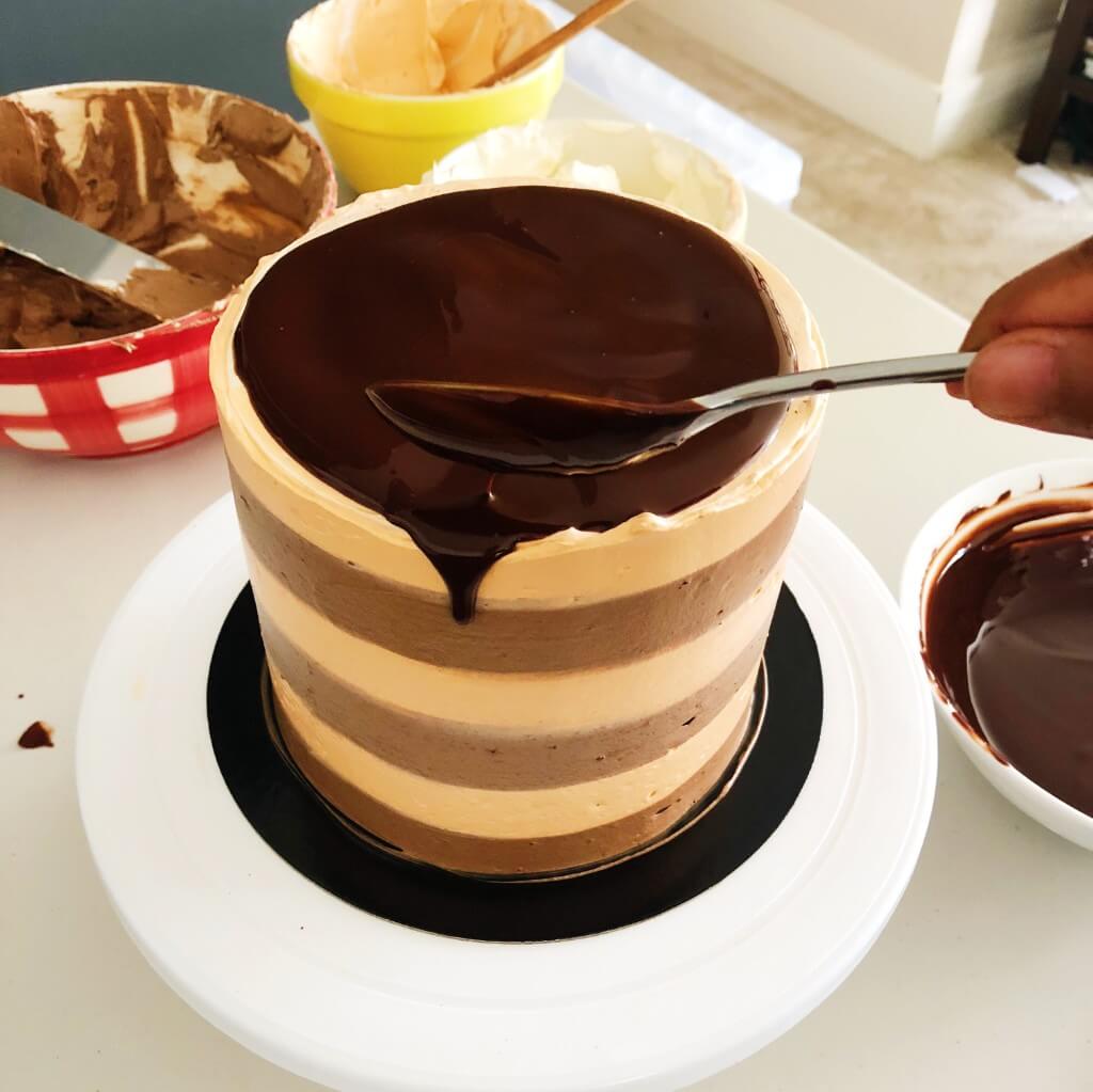 Chocolate drip cake recipe - push some ganache over edge