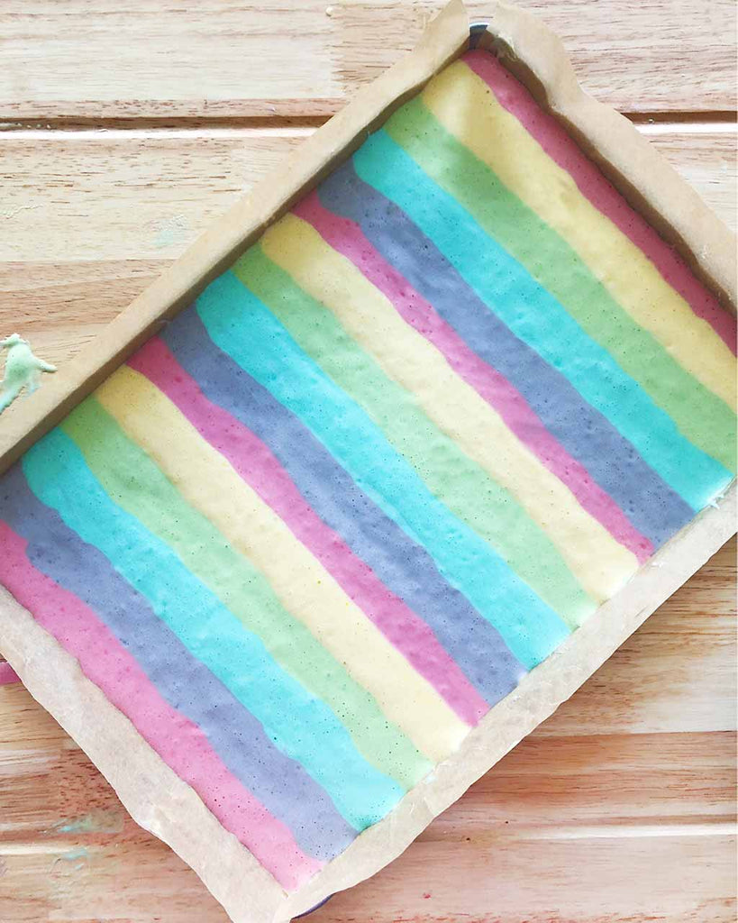 Rainbow Cake Roll - piped batter