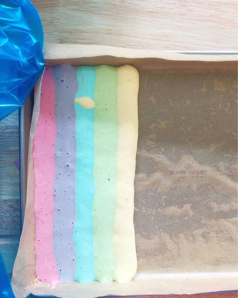 Rainbow Cake Roll Recipe - batter piping