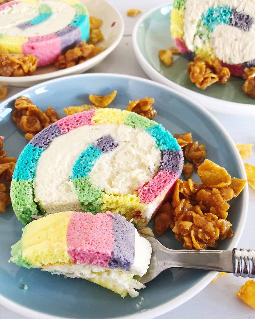 Rainbow Cake Roll Recipe - corn flake milk buttercream