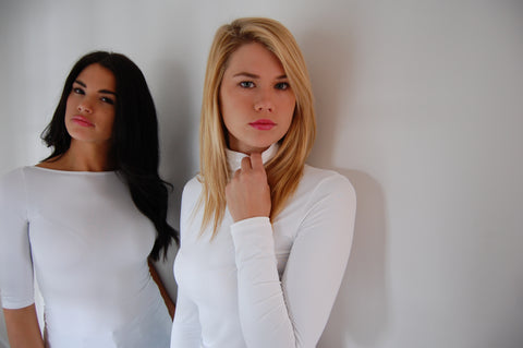 Adea boat neck layering top and Adea full turtleneck both in White