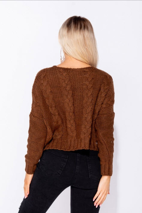 Brown Cable Knit Drop Shoulder Round Neck Sweater