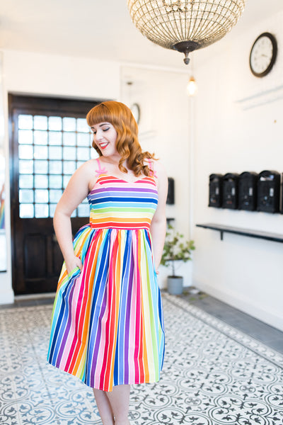 Woman in vintage rainbow dress