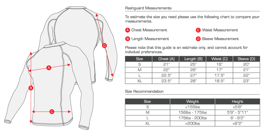 Rashguard Sizing Chart