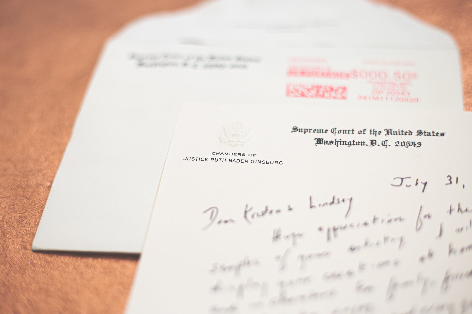 Supreme Court Justice Ruth Bader Ginsburg handwritten letter to Kristen and Lindsey Archer of ARCHd