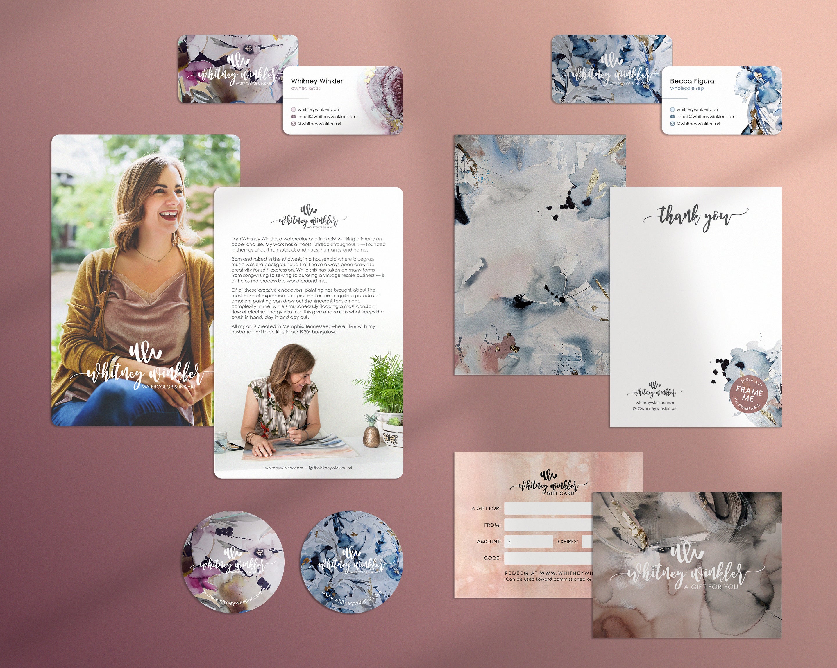 branding collateral design for watercolor artist: business cards, logo stickers, about postcards, gift card design, thank you notecards
