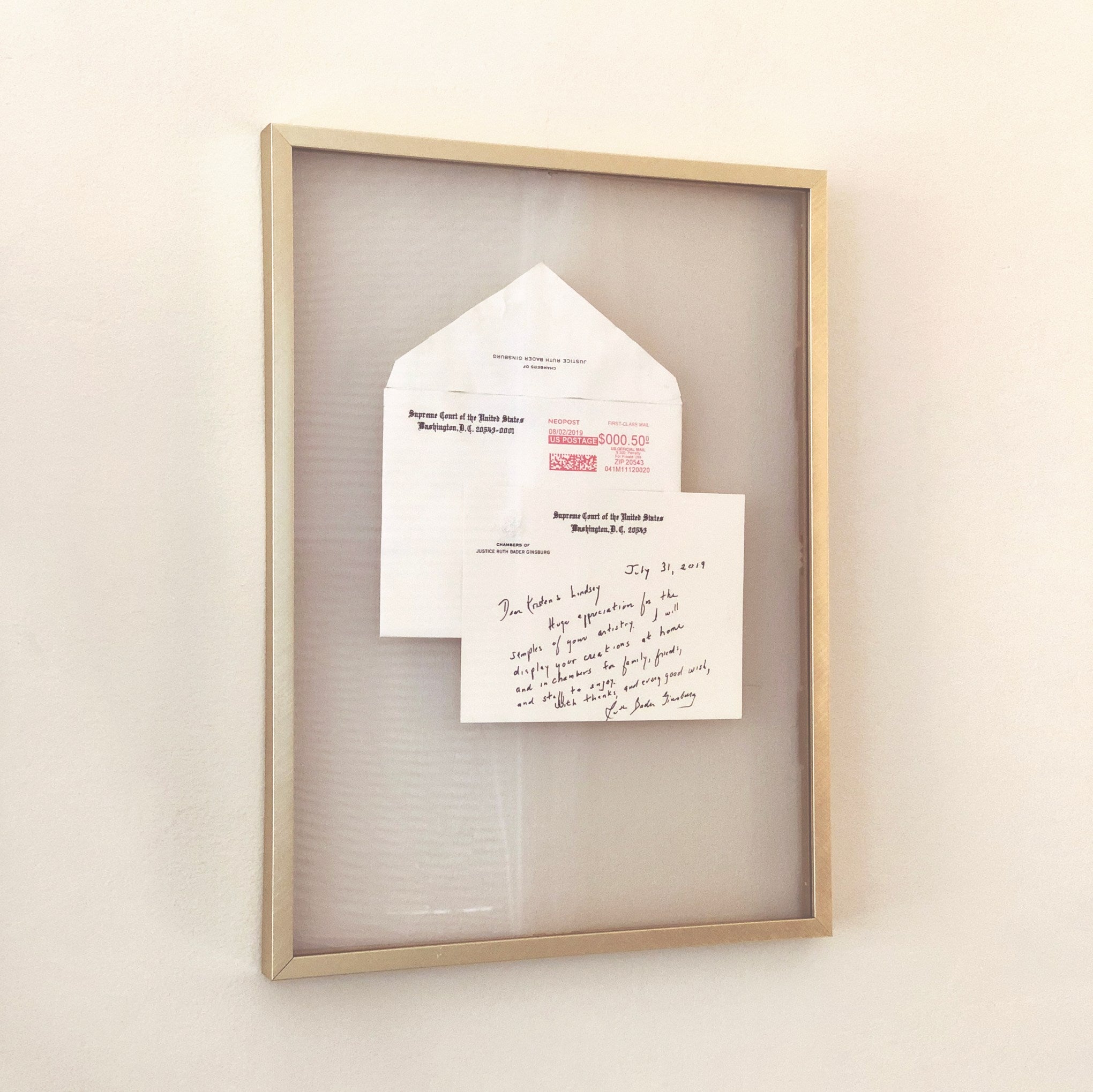 Framed letter from Ruth Bader Ginsburg to Kristen and Lindsey Archer of ARCHd