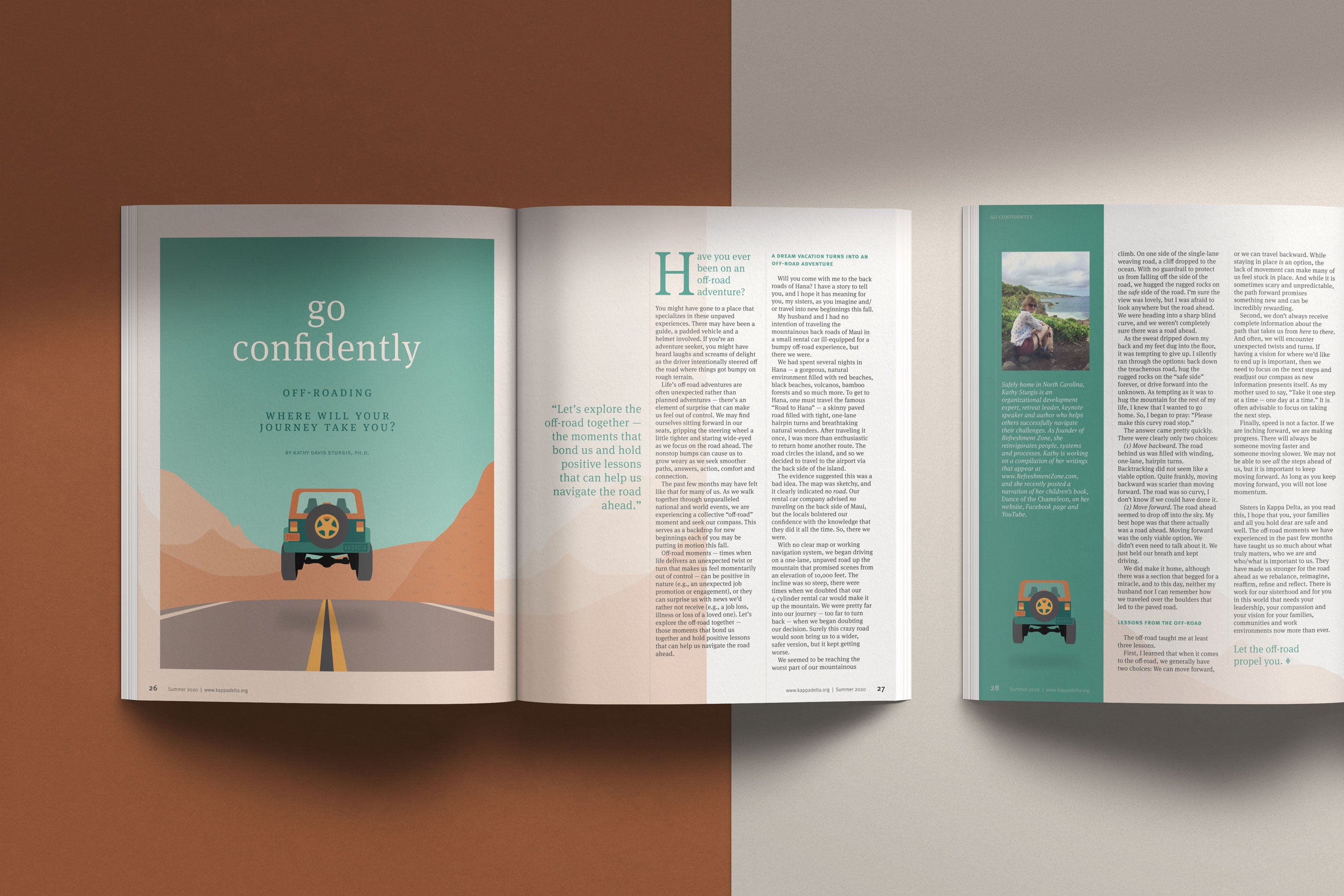 off-road editorial illustration with feature article spread