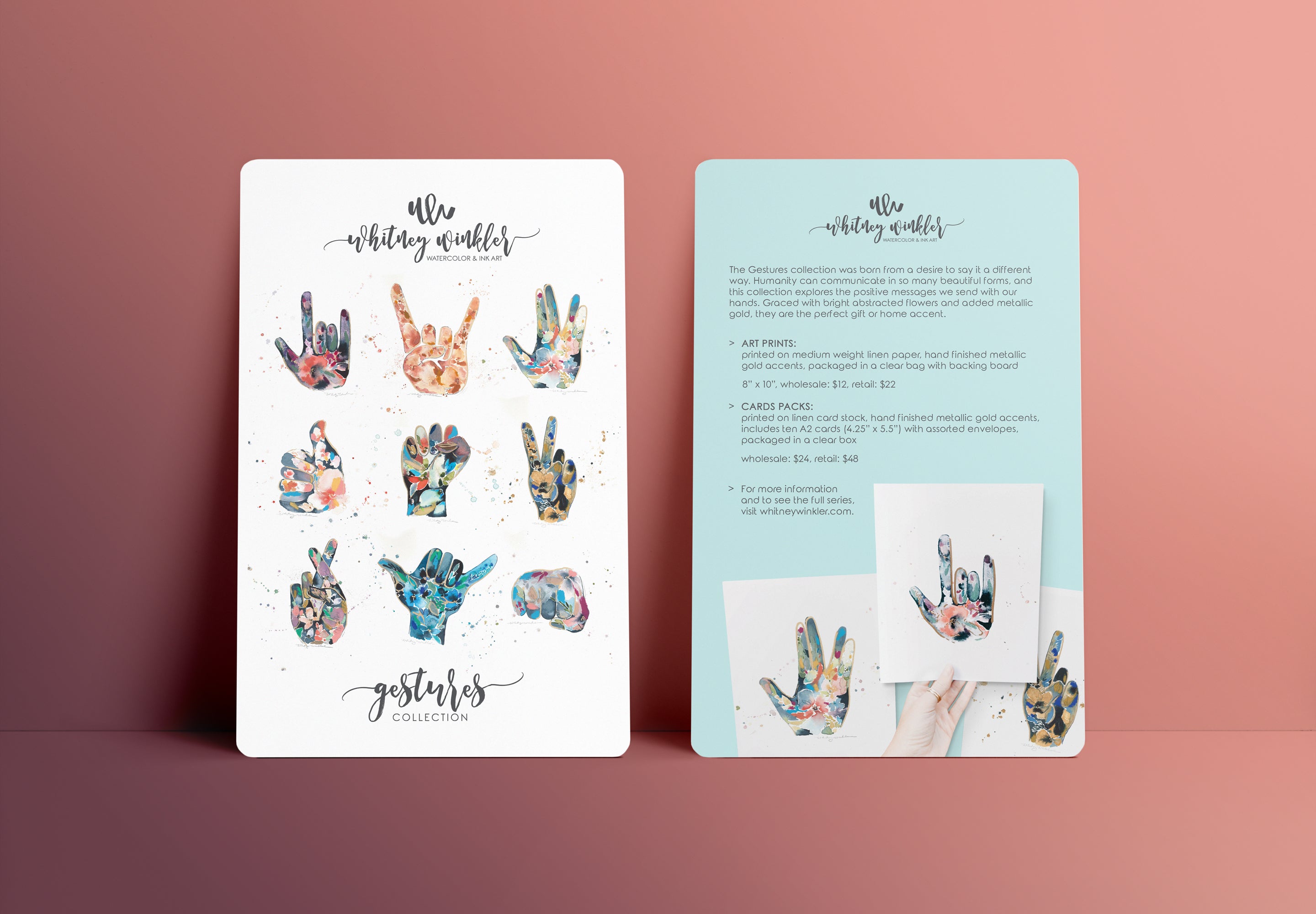 Hand gestures watercolor paintings, wholesale collection postcard design, Whitney Winkler
