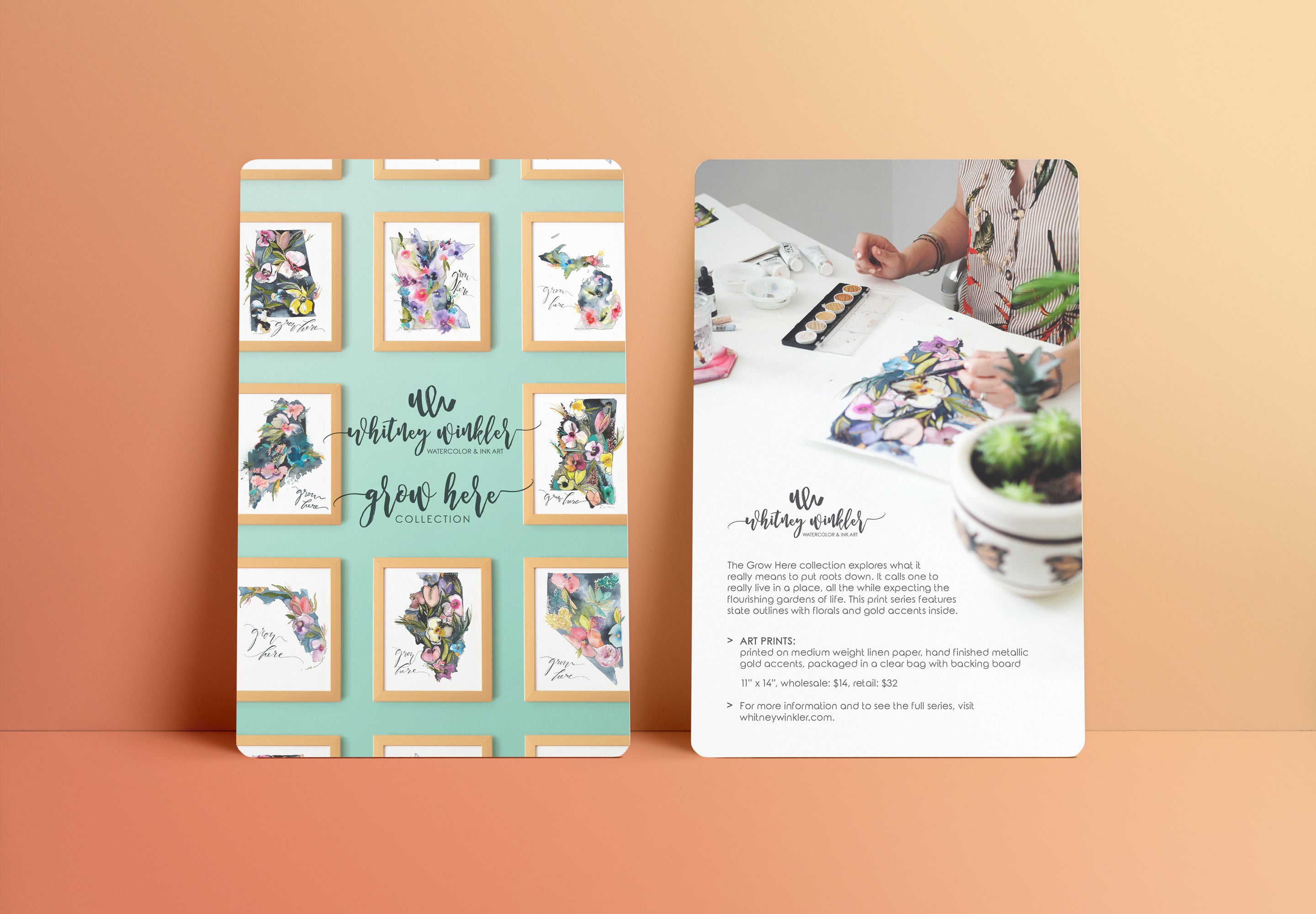 Grow Here, state watercolor painting wholesale collection postcard flyer design, Whitney Winkler