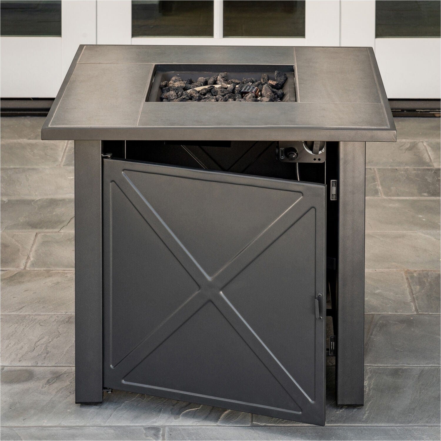 Hanover Chaise Lounge Halsted 3-Piece Sling Lounge Set featuring a 40,000 BTU Tile-Top Fire Pit Table with Burner Cover in Gray | HALCHS3PCFP-GRY Hanover Chaise Lounge Halsted 3-Piece Sling Lounge Set featuring a 40,000 BTU Tile-Top Fire Pit Table with Burner Cover in Gray | HALCHS3PCFP-GRY