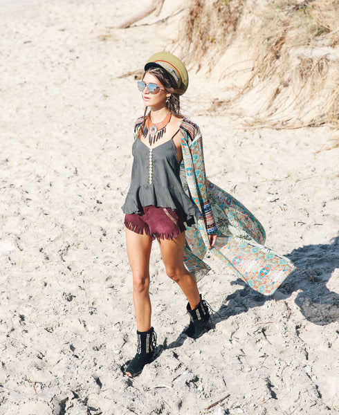 Whims and whispers cape, Poppy camisole in Olive by Kultcha collective. Hats by fallen broken street, Byron bay 