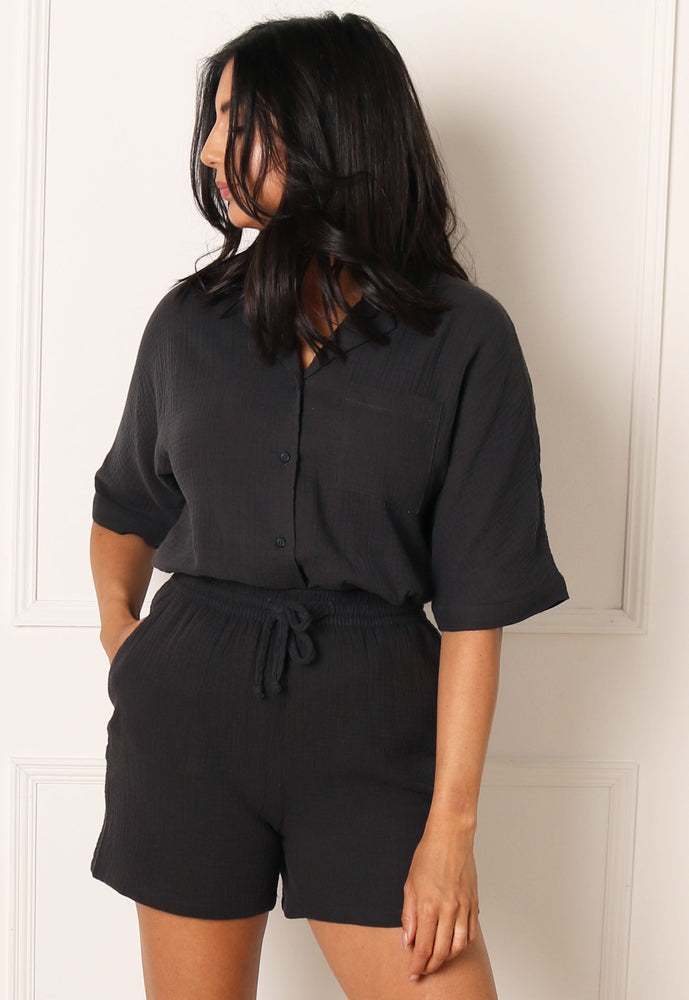 ONLY Thyra High Waisted Pull On Cheesecloth Co-ord Shorts in Washed Black - concretebartops