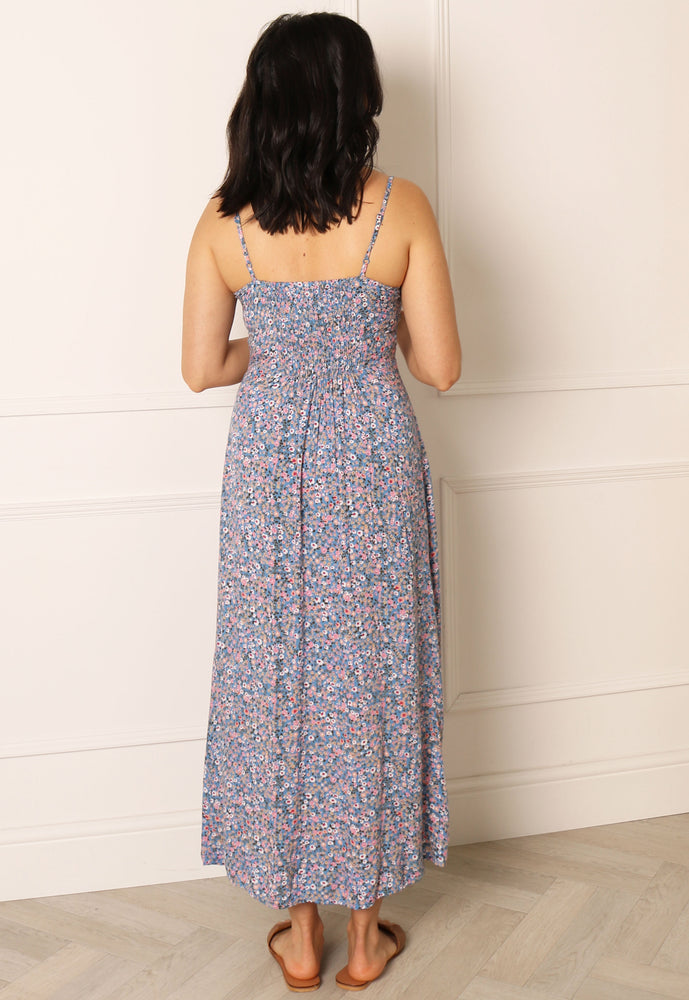 PIECES Nyx Strappy Ditsy Floral Print Midi Dress in Blue & Pink - concretebartops
