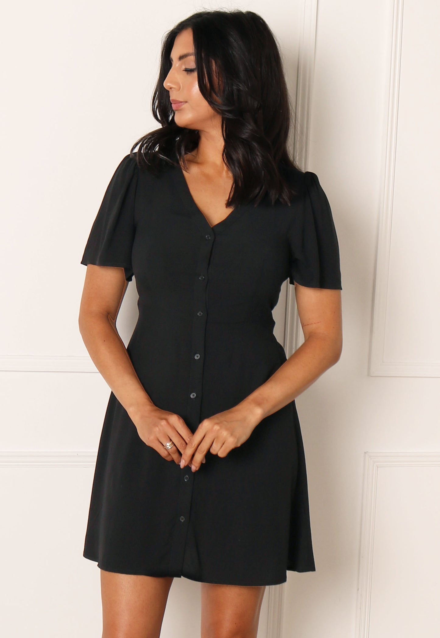 VERO MODA Alba Button Through Fit & Flare Sundress with Short Sleeves in Black - concretebartops