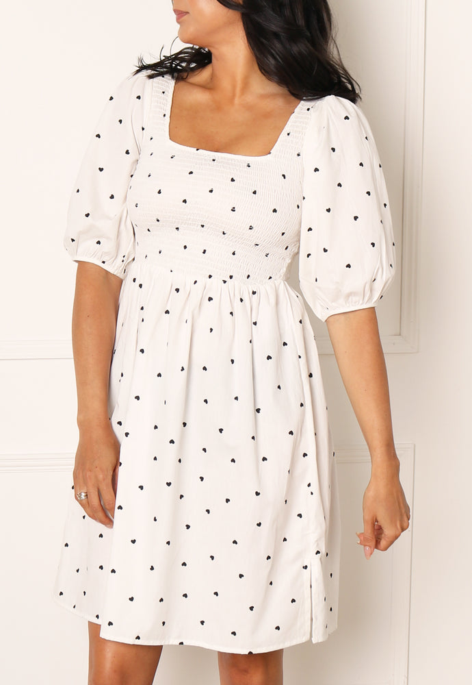 ONLY Brooklyn Heart Print Shirred Top Cotton Mini Dress in White & Black - concretebartops