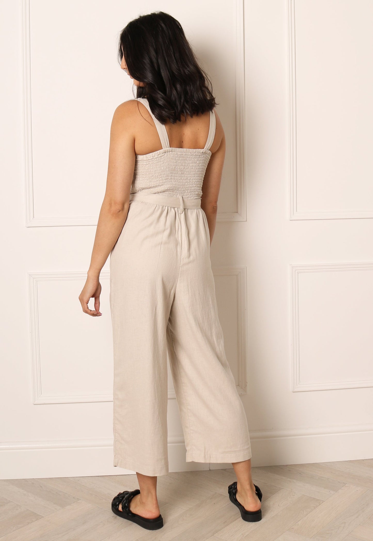 ONLY Caro Linen Strappy Culotte Jumpsuit in Beige - concretebartops