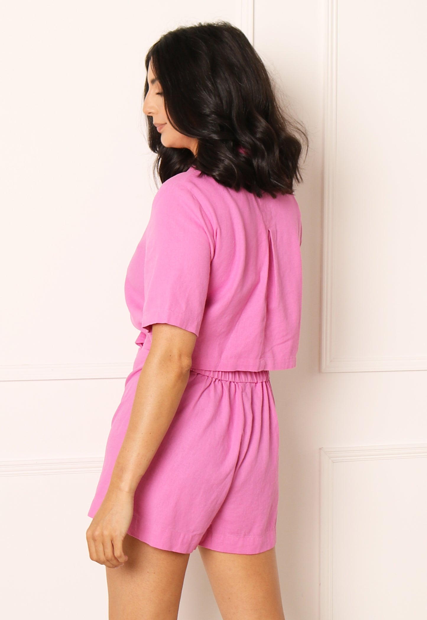 ONLY Clare Linen Short Sleeve Button Playsuit with Open Back in Pink - concretebartops