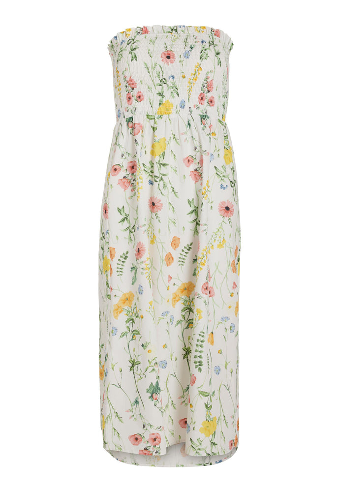 VILA Capro Floral Shirred Bandeau Cotton Midi Sun Dress in White, Yellow & Pink Tones - concretebartops