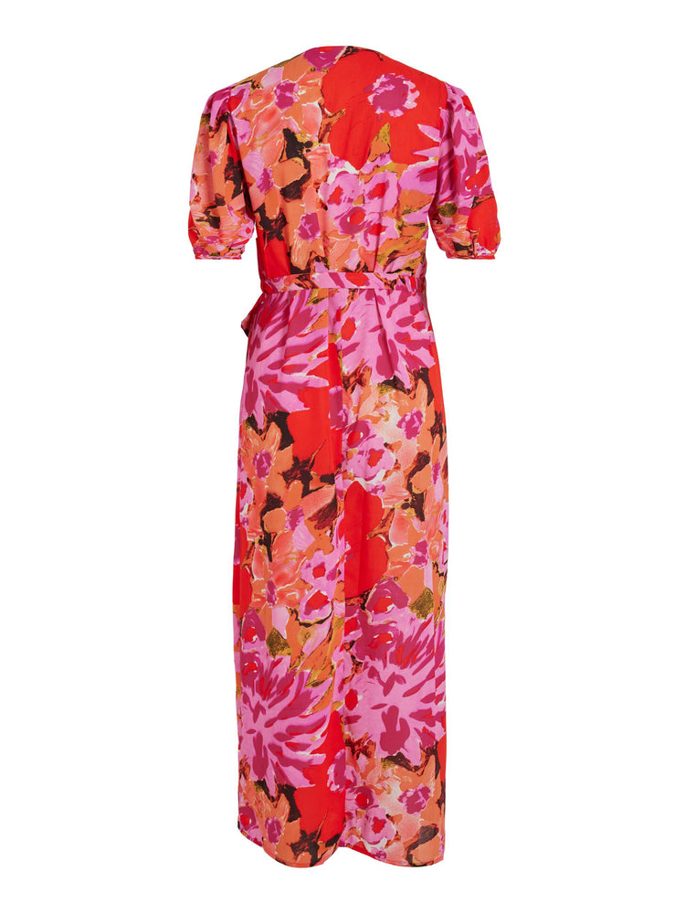 VILA Doletta Floral Print Maxi Wrap Dress in Red & Pink - concretebartops